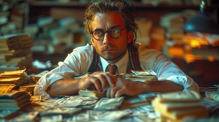 An accountant manipulating financial records to evade taxes, with a focus on falsified receipts, ledgers, and hidden income 