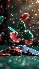 Casino Poker Chips Falling on Green Felt Table