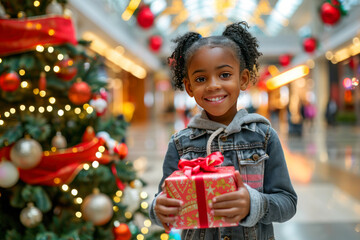 A smiling afro girl in a white jacket holds a wrapped gift in a beautifully decorated mall during the Christmas season. The festive lights and Christmas tree create a joyful and warm atmosphere