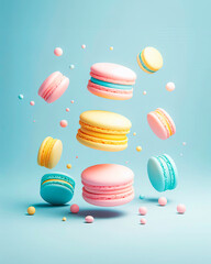 Obraz premium Traditional french macaroon set, pastel colors pink, yellow, blue macaron dessert on soft pastel blue background