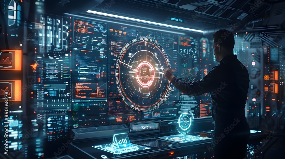 Poster futuristic workspace with holographic interfaces and advanced technologies for professional interact