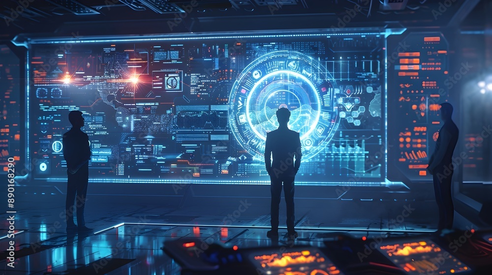 Poster futuristic high tech workspace with holographic interfaces and advanced professionals interacting wi