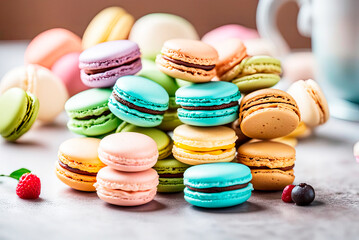 Traditional french macaroon set, pastel colors pink, yellow, blue macaron dessert on soft pastel blue background