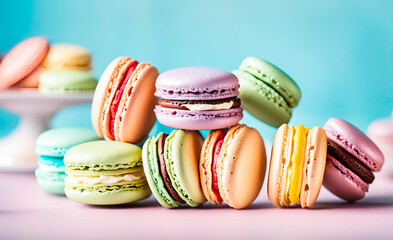 Traditional french macaroon set, pastel colors pink, yellow, blue macaron dessert on soft pastel blue background