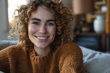 Portrait of a woman with curly hair smiling. Casual and cozy style. Perfect for lifestyle, fashion, or personal blog use. Warm colors and inviting atmosphere. Generative AI