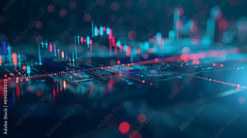 Poster abstract digital visualization with dynamic charts of glowing data points and lines representing the