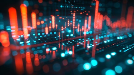 Abstract Digital Data Visualization with Red and Blue Lights Representing Data Flow and Complex algorithms.