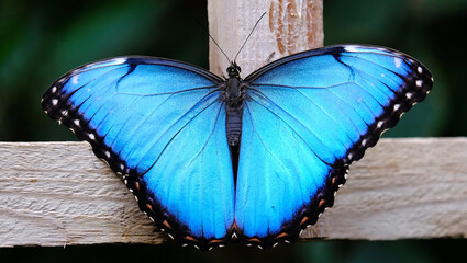 Beautiful blue butterfly on a wet green leave