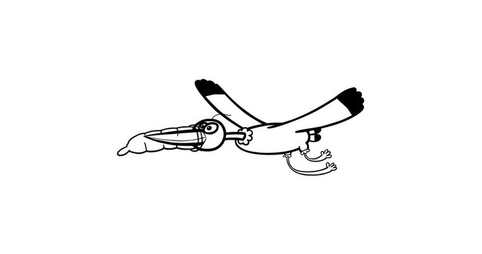 Birth control stork black and white whiteboard. Contraception idea bird flying cartoon stork with condom on his bill. Seamless loop.
