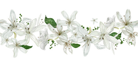 Fototapeta premium Beautiful white lilies with leaves and buds. Botanical illustration. A hand-drawn watercolor illustration. Seamless frame, horizontal pattern separated from the background.