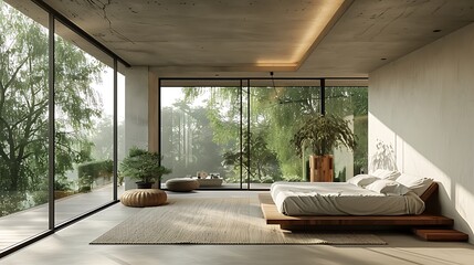 A serene minimalist bedroom with floor-to-ceiling windows and minimal furnishings.