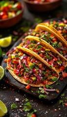 Tacos with Fresh Salsa and Cilantro on a Rustic Board