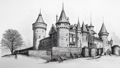 Obraz premium Architectural sketch of a medieval castle in pencil.