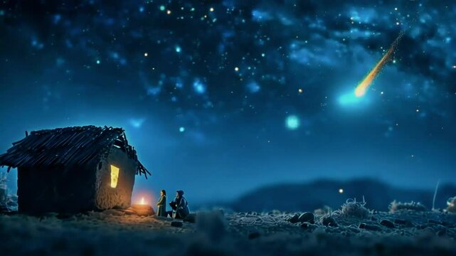 Nativity of Jesus Christ with Comet Star and Stable - Holy Family in Desert at Night