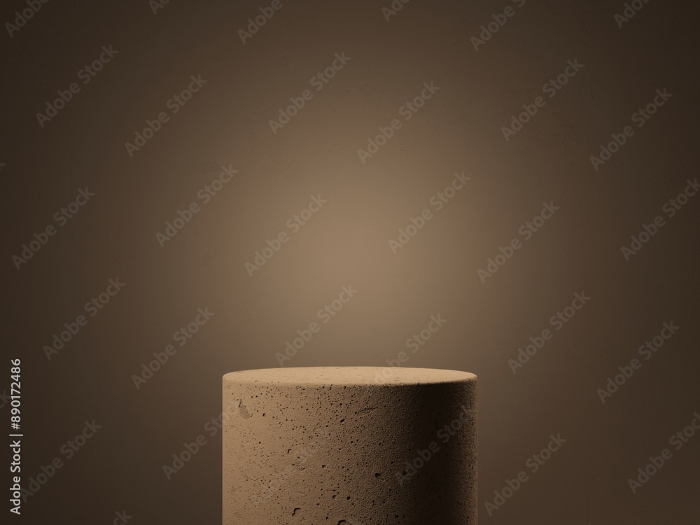 Poster abstract background minimal style. rough concrete empty podium and green leaf for products presentat