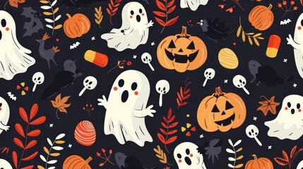 Design a Halloween pattern featuring a mix of scary and cute elements like friendly ghosts, smiling pumpkins, and candy treats.