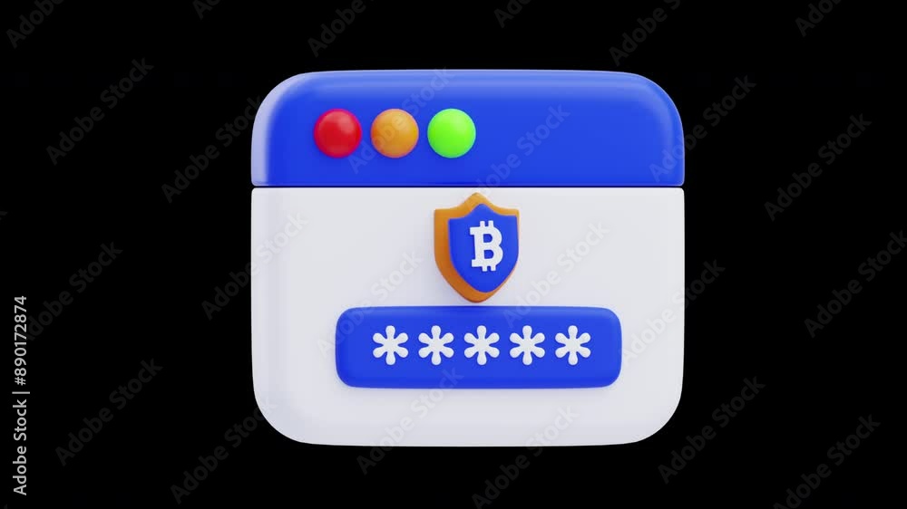 Poster 3d animation of blockchain password secures bitcoin assets | alpha channel