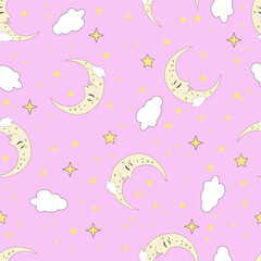 A seamless pattern on a pink background, featuring a sleeping moon and clouds.