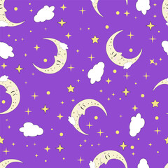 Fototapeta premium A seamless pattern on a purple background, featuring a sleeping moon surrounded by clouds.