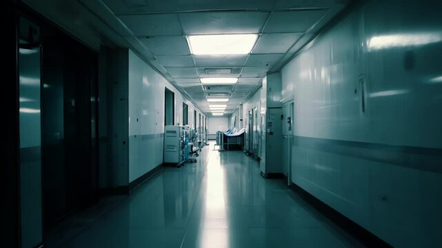 Low angle tracking shot of empty hospital hallway, eerie fluorescent-lit corridor