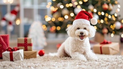 A poodle dog wearing a red Christmas hat sits on a carpet filled with gift boxes. In front of the Christmas tree The scene is lit up with holiday lights. Create a warm and festive atmosphere.