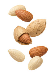 Whole, shelled and blanched almond nuts falling isolated on white background. Vertical drop