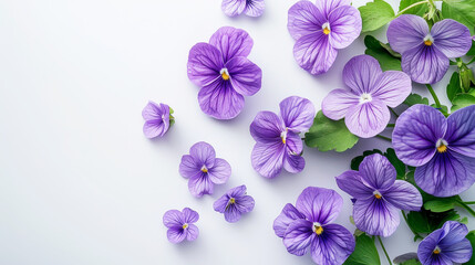 Purple violets arranged on a white background with green leaves