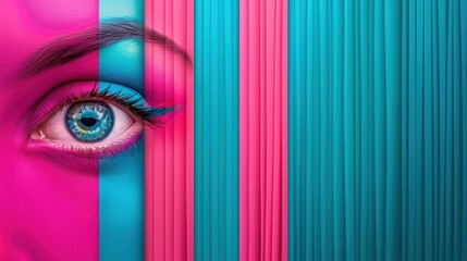 Vibrant eye collage symbolizing equality and unity, featuring male and female eyes on neon stripes background.
