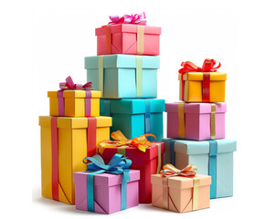 Vibrant stack of colorful gift boxes with festive ribbons against a white background