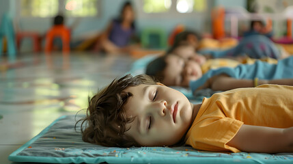'kindergarten naptime, children resting on mats with soft blankets, peaceful and quiet environment'