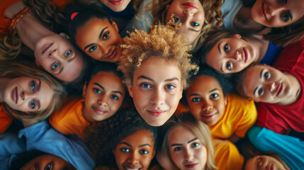 Top view of a diverse group of young people looking up, showcasing unity and friendship