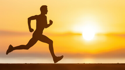 Dynamic silhouette of a young man jogging on the beach at sunset, a refreshing workout amidst the sea breeze.