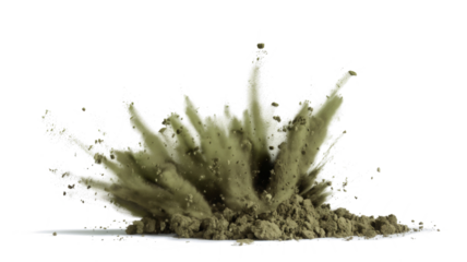 Dry Soil explosion with dirt and cloud smoke. Isolated on white background. Dirty ground abstract spread with flying particles
