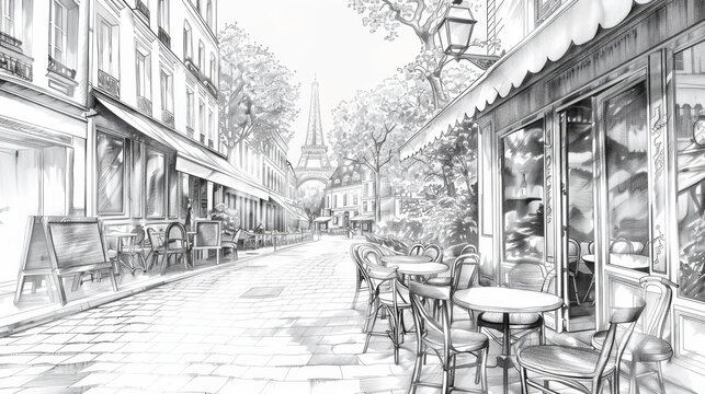 Vintage sketch of a quaint Parisian cafe street scene with Eiffel Tower in the background