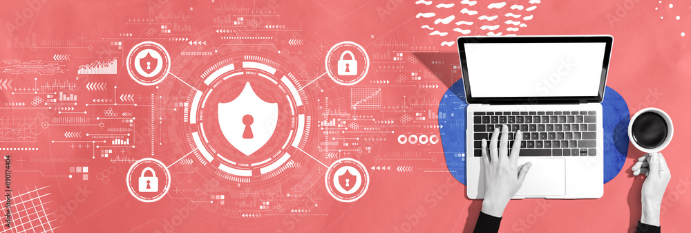 Poster cyber security theme with person using a laptop computer