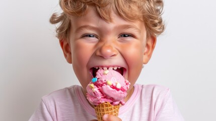 Naklejka premium 18072304 26 26. A child enjoying an ice cream cone with a happy face, isolated on a transparent background 