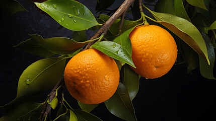 Two ripe oranges on a orange tree