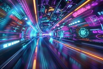 High Speed AI Data Stream in Futuristic Digital Tunnel with Neon Lights and Vibrant Colors