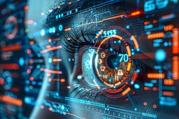Fototapeta premium High tech interface with a focus on a digital eye, surrounded by holographic displays and data streams, conveying innovation and future technology concepts in a sleek, modern setting