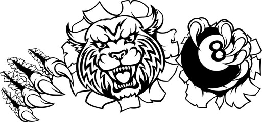 A wildcat bobcat lynx angry mean pool billiards mascot cartoon character holding a black 8 ball.