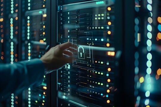 High tech server room with glowing padlock icon being activated by a hand on a digital interface