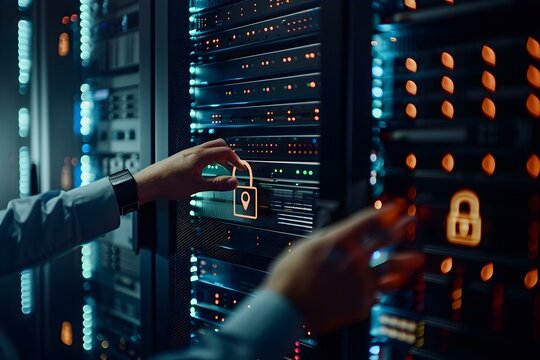 High tech server room with glowing padlock icon being activated by a hand on a digital interface