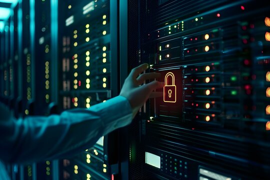 High tech server room with glowing padlock icon being activated by a hand on a digital interface