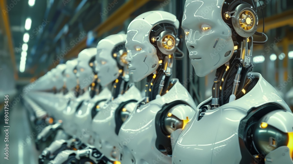 Poster humanoid robots work efficiently in a factory, boosting productivity with synchronized movements.
