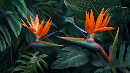 tropical leaves greenery with green leaves and flowers, Beautiful Bird of Paradise flower with green leaves background in tropical garden, exotic flower on dark green tropical foliage nature 
