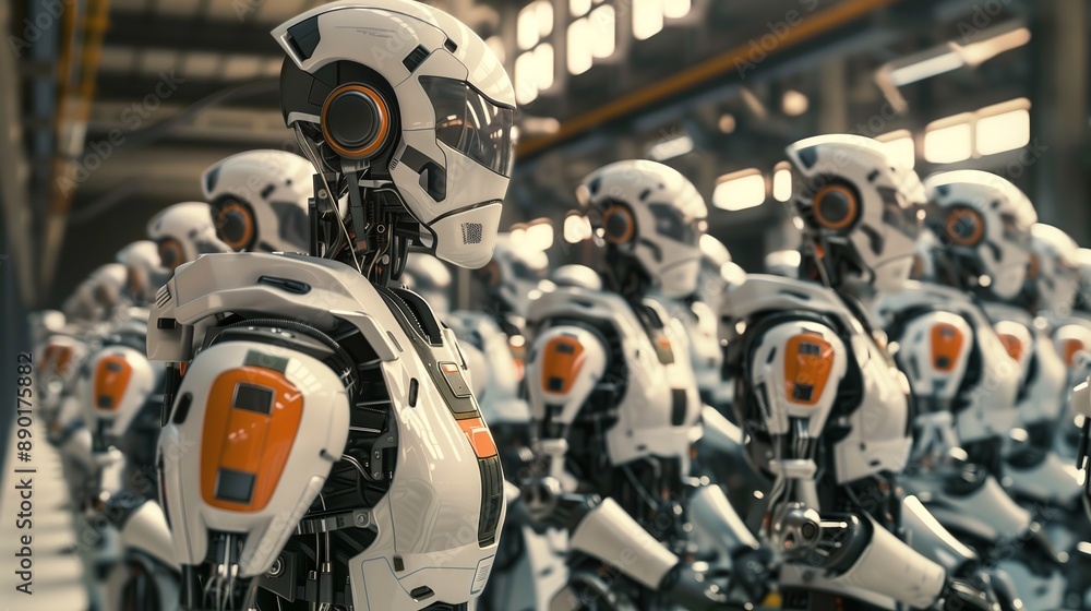 Poster humanoid robots collaborate in a factory, enhancing productivity and showcasing the future of automa