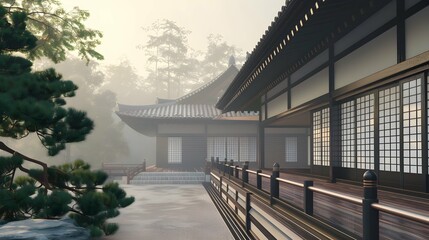 3D Rendering of a Traditional Japanese Dojo or Karate School in Haze A Misty View. Concept 3D Rendering, Traditional Japanese Dojo, Karate School, Haze Misty View 
