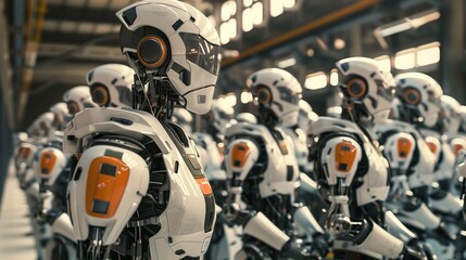 Fototapeta premium Humanoid robots collaborate in a factory, enhancing productivity and showcasing the future of automation.