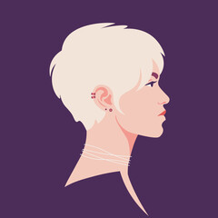 Side profile of a young woman with short, platinum blonde hair on a dark background. Vector flat Illustration