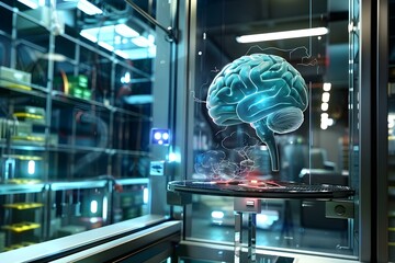 AI brain model in a futuristic laboratory setting, highlighting advancements in artificial intelligence and neuroscience